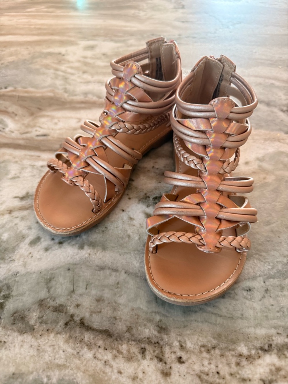 Sonoma Tan Braided Strappy Gladiator Sandals with Iridescent Rose Accents